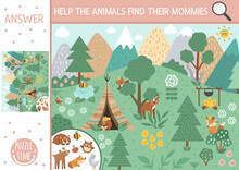 Vector Mothers Day Holiday Searching Game With Cute Baby And Mother Animals In The Forest. Find Hidden Mamas In The Picture. Simple Fun Spring Educational Printable Activity For Kids.