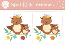 Mothers Day Find Differences Game For Children. Holiday Educational Activity With Funny Baby Owl And His Mother. Printable Worksheet With Cute Characters. Spring Puzzle For Kids..