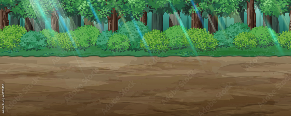 幻想的な森の中にある土の道の風景イラスト 横スクロールゲームの背景 シームレス Wall Mural ふわぷか