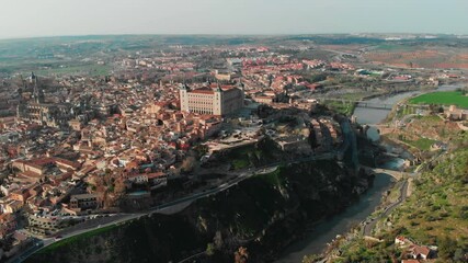 Sticker - Aerial panoramic drone point of view historical city of Toledo. Castilla–La Mancha, declared World Heritage Site by UNESCO. Travel and tourism, famous tourist attraction place concept. Spain. Europe