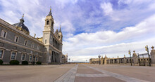 Esplanade Of The Almudena Cathedral In Madrid With Blue Sky At Sunrise.