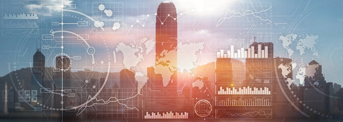 Wall Mural - business intelligence control interface marketing finance management city skyline view website panor