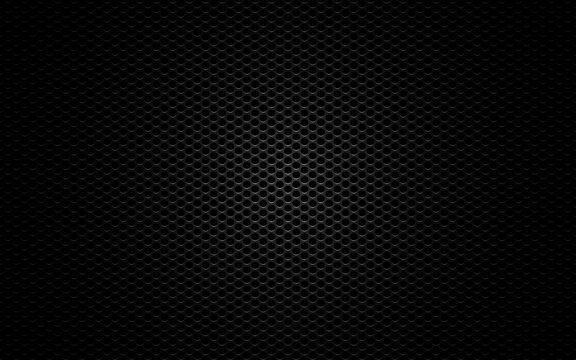 Fototapete - Metal mesh. Black perforated texture. Carbon backdrop with gradient light. Dark sheet metal. Steel plate with cells. Futuristic material. Vector illustration