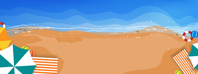 Wall Mural -  Top view of cartoon abstract waves on blue ocean,sand beach, seashells with umbrellas, swim ring, beach ball, chair,Vector illustration panoramic Sea beach view for Summer banner background