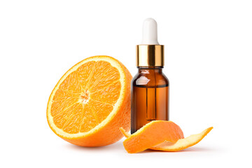 Wall Mural - Orange essential oil in amber dropper bottle with orange fruit  and peel isolated on white background.