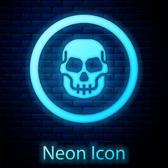 Poster - Glowing neon Mexican skull coin icon isolated on brick wall background. Vector