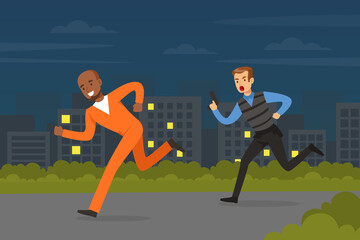 Wall Mural - Policeman or Cop as Warranted Law Employee Running After Escaping Prisoner Vector Illustration