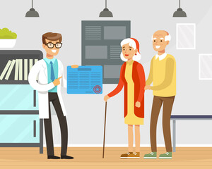 Poster - Man Doctor in His Cabinet Giving Prescription to Senior Woman Patient Vector Illustration