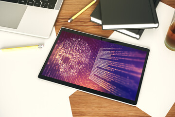 Aufkleber - Top view of modern digital tablet monitor with creative code skull hologram. Malware and cyber crime concept. 3D Rendering