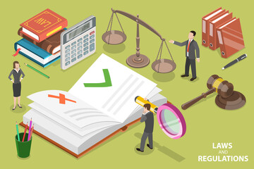 Wall Mural - 3D Isometric Flat Vector Conceptual Illustration of Law and Regulations.