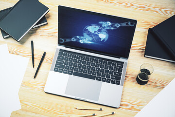 Aufkleber - Creative concept of robotics technology with globe sketch on modern laptop screen. Robot development and automation concept. 3D Rendering