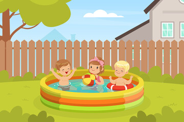 Sticker - Excited Kids in Swimming Pool Splashing in Water Enjoying Summer Leisure Activity Vector Illustration