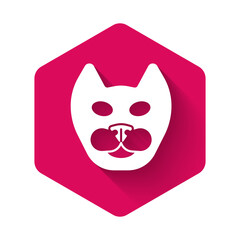 Sticker - White Cat icon isolated with long shadow background. Pink hexagon button. Vector