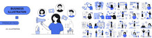 25  SET Business Illustrations. Mega Set. Collection Of Scenes With Men And Women Taking Part In Business Activities. Trendy Vector Style. Blue Color Bu