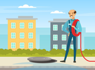 Wall Mural - Man Plumber Wearing Blue Overall Holding Hosepipe Standing Near Manhole Engaged in Fixing Tubes and Pipe Lines Vector Illustration