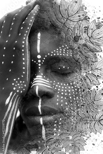 Plakat Black and white portrait with artistic drawing