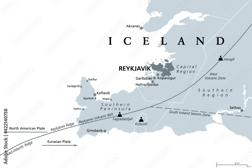 Geology of the Capital Region and Southern Peninsula of Iceland, gray political map. Reykjavik and vicinity, with Reykjanes Peninsula. Map with volcanic zones and belts, ridges and volcanoes. Vector. - obrazy, fototapety, plakaty 