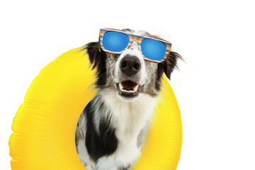 Wall Mural - dog summer going on vacation inside of yellow inflatable float pool and wearing sunglasses. Happy expression. Isolated on white background.