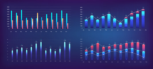 Wall Mural - Futuristic graphs for App UI, UX, KIT. Modern infographic, charts and diagrams. Financial statistics and analytics progress scale panel. Futuristic User Interface graphics for UI. Vector set