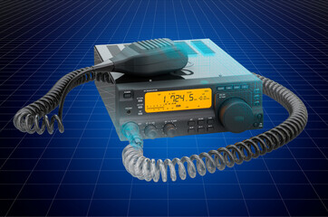 Wall Mural - Visualization 3d cad model of Amateur radio transceiver with push-to-talk microphone switch, blueprint. 3D rendering