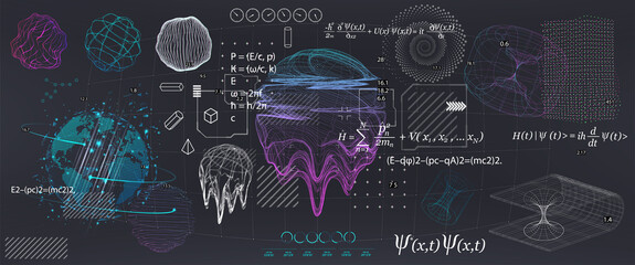 Wall Mural - Abstract Science elements with fundamental Quantum Mechanics formulas. Curvature of spacetime in a gravitational field, black hole, elements from theoretical physics. Vector collection elements
