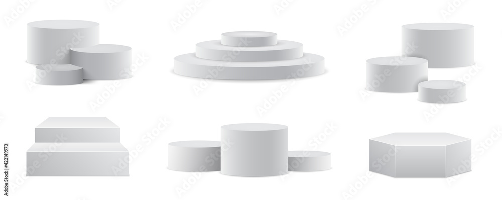 Set realistic podium. Pedestal and platform, stand stage, cylinder. Round empty stages and podium stairs 3d template - vector - obrazy, fototapety, plakaty 