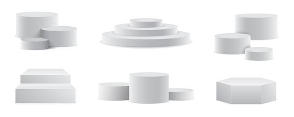 Poster - Set realistic podium. Pedestal and platform, stand stage, cylinder. Round empty stages and podium stairs 3d template - vector