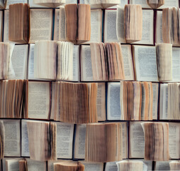 Open books, Abstract blur and defocused bookshelf in library interior for background