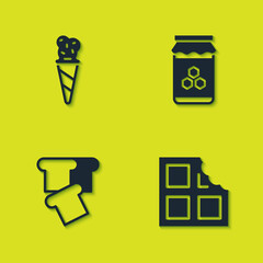 Sticker - Set Ice cream in waffle cone, Chocolate bar, Bread toast and Jar of honey icon. Vector