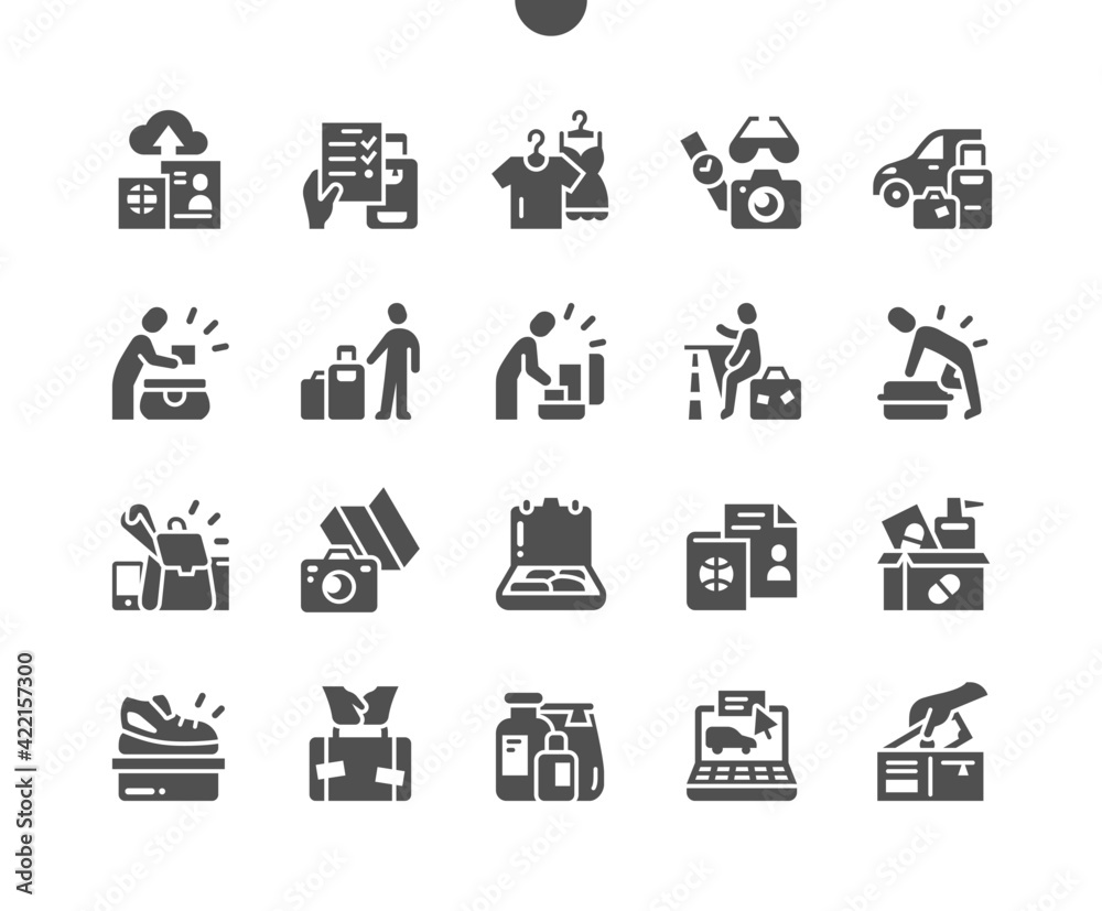 Lets hit the road. Buy online tickets. Pack a suitcase. Leisure, recreation, activities, tourism, vacations, holiday, adventure and travelling. Vector Solid Icons. Simple Pictogram - obrazy, fototapety, plakaty 
