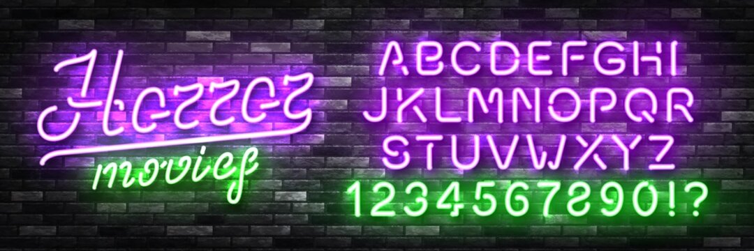 Vector realistic isolated neon sign of Horror Movies with easy to change color font alphabet logo for template decoration and covering on the wall background. Concept of cinema and movie night.