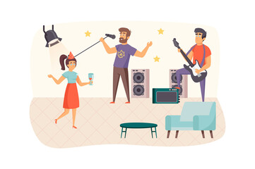 Poster - Woman dancing at party in club scene. Young girl drinking wine and having fun. Music group performing on stage. Holiday celebration concept. Vector illustration of people characters in flat design