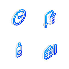 Sticker - Set Isometric line Shower, Sauna clock, Spray can for hairspray and Cream lotion cosmetic tube icon. Vector