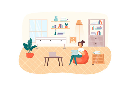 Designer working at home scene. Woman drawing graphics on laptop, typeset website or creates new digital product. Creative profession concept. Vector illustration of people characters in flat design