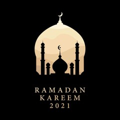 Ramadan Kareem 2021 islamic vector design banner celebration greeting card,background arabic islam mosque,mubarac crescent moon and mosque dome silhouette with arabic wavy golden sand desert pattern