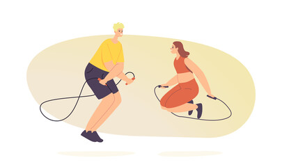 Wall Mural - Male and Female Characters Doing Sport, Training, Exercising with Jump Rope. Healthy Life, Training in Gym, Activity