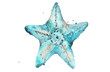 Watercolor starfish with splashing water. Aquamarine watercolour illustration on white.