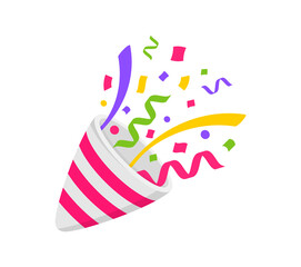 Exploding party popper. Flapper with confetti and streamers. Popper flat icon. Simple element for celebrating holiday. Vector illustration.