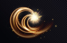 Golden Luminous Swirl Shape, Abstract Light Effect Vector Illustration. Luxury Sparkling Neon Trail Of Flying Stars, Shiny Magic Swirling Gold Spirals, Sparkle Motion On Transparent Black Background