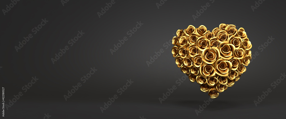 3d rendering: A heart of golden roses in front of a black background. Love and tenderness concept - Valentines Day, Wedding or Mother's Day. Web banner format - obrazy, fototapety, plakaty 