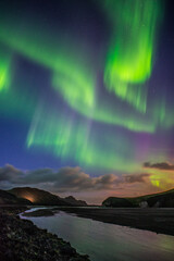 aurora borealis, or northern lights, above landmannalaugar, fjallabak nature reserve, central highla