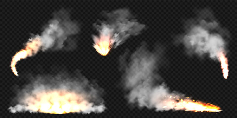 Realistic smoke clouds and fire. Flame blast, explosion. Stream of smoke from burning objects. Forest fires. Transparent fog effect. White steam, mist. Vector design element.