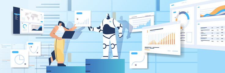 Poster - robot with businesswoman analyzing statistics graphs financial data analyzing artificial intelligence technology