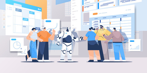 Poster - robot with businesspeople analyzing statistics graphs and charts financial data analyzing artificial