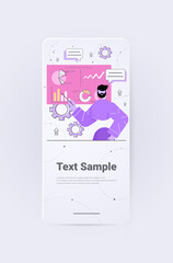 Poster - businessman analyzing charts and graphs data analysis process digital marketing planning company strategy