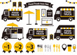 フードトラック・キッチンカーのアイコンセット　黒×黄色×グレー 文字あり