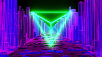 Wall Mural - 4k video animation of sci-fi neon city landscape with neon triangle and bright colorful lights loopi
