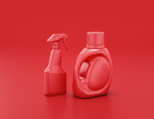 Wall Mural - A group of shiny red plastic cleaning supplies containers  in red background, flat colors, single color, 3d rendering