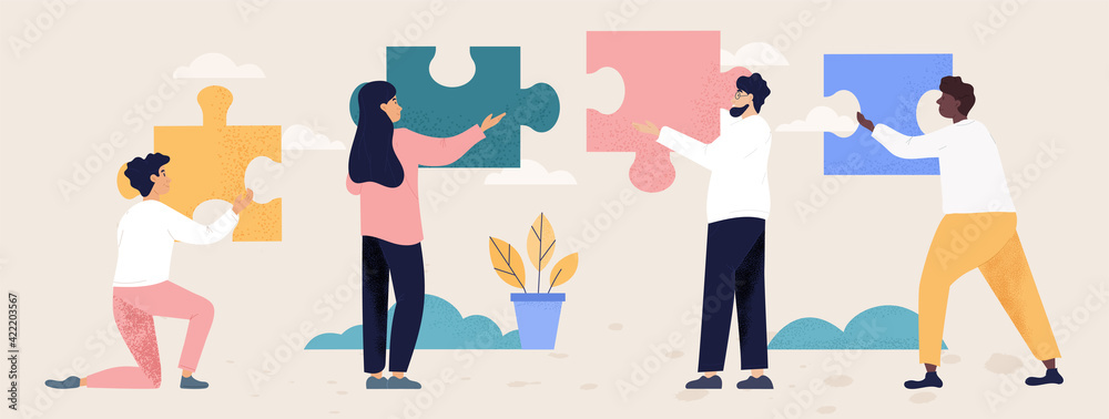 Teamwork and collaboration concept with people with puzzle pieces - obrazy, fototapety, plakaty 