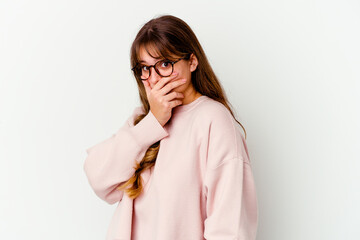 Wall Mural - Young caucasian cute woman isolated on white background scared and afraid.